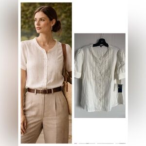 Ivory Linen Button Blouse Size 12 Classic Preppy Quiet Luxury Style